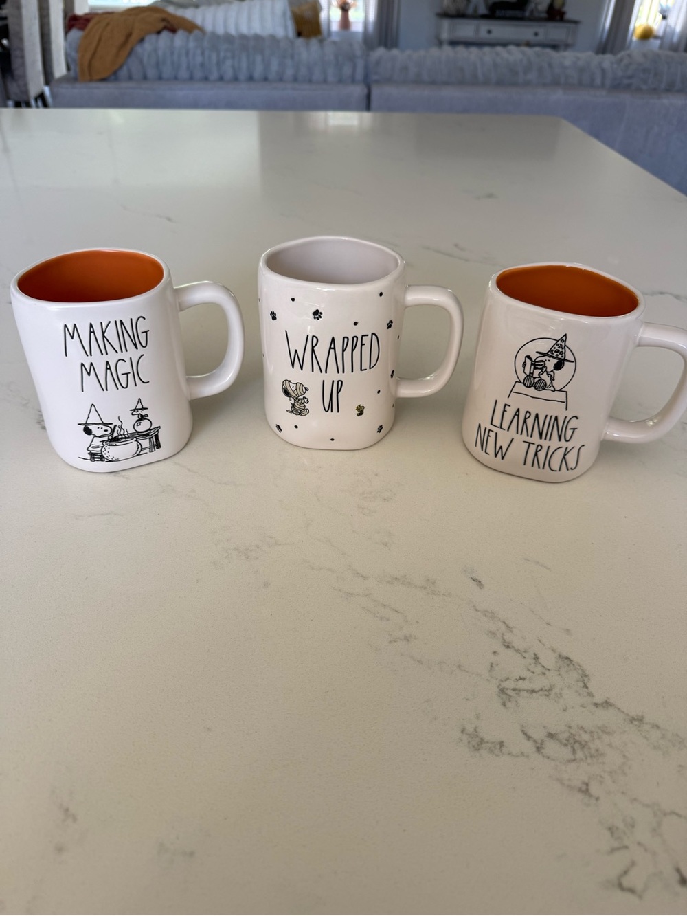 Rae Dunn White Ceramic Snoopy Halloween Mugs with Orange Interior - Set of 3